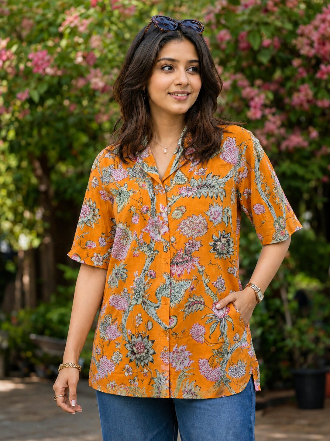 Pspeaches Women Cotton 3/4Th Sleeves Collared Neck Floral Print 1 Piece Shirt - Mustard
