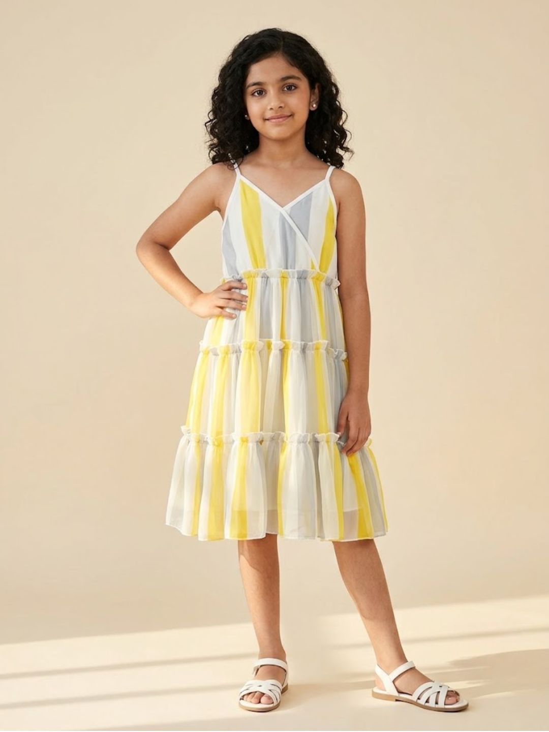 Girls Multicolor Striped Sleeveless Asymmetric Dress (D-GREYYELLOWSTRIPE)