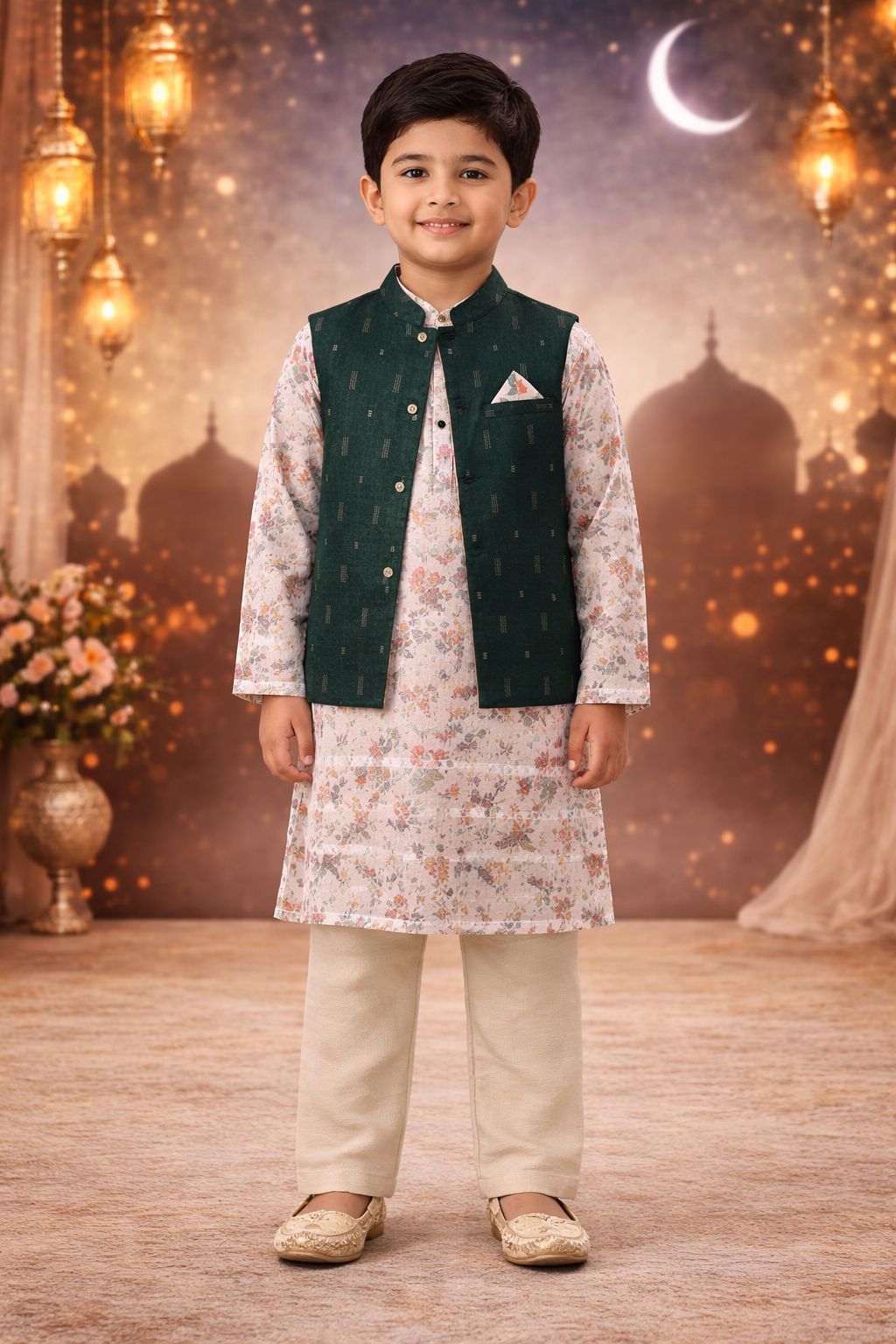 Pspeaches Boys Green & Beige Ethnic Printed Bamboo silk Straight Fit Kurta With Pyjama & Jacket ( Sku-Kp-Beigebamboo )