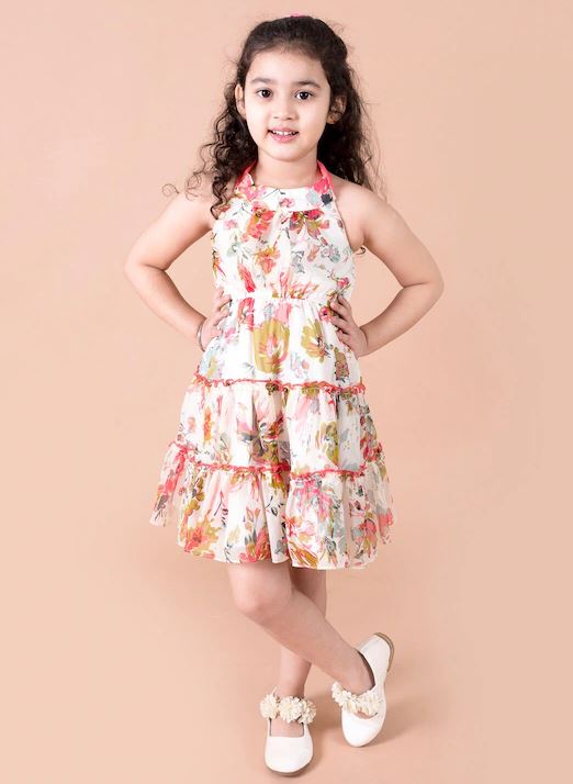 Off White & Red Floral Printed Chiffon Halter neck Sleeveless fit & flare Casual Wear Dress (d-floral offwhite)