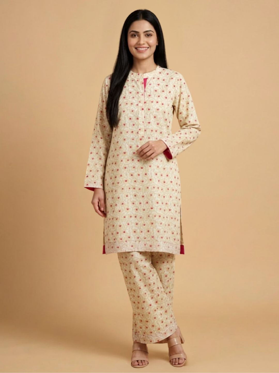 Pspeaches Women Cotton Full Sleeves Mandarin Collar Floral Print Kurta With Pant 2 Piece Set - Beige