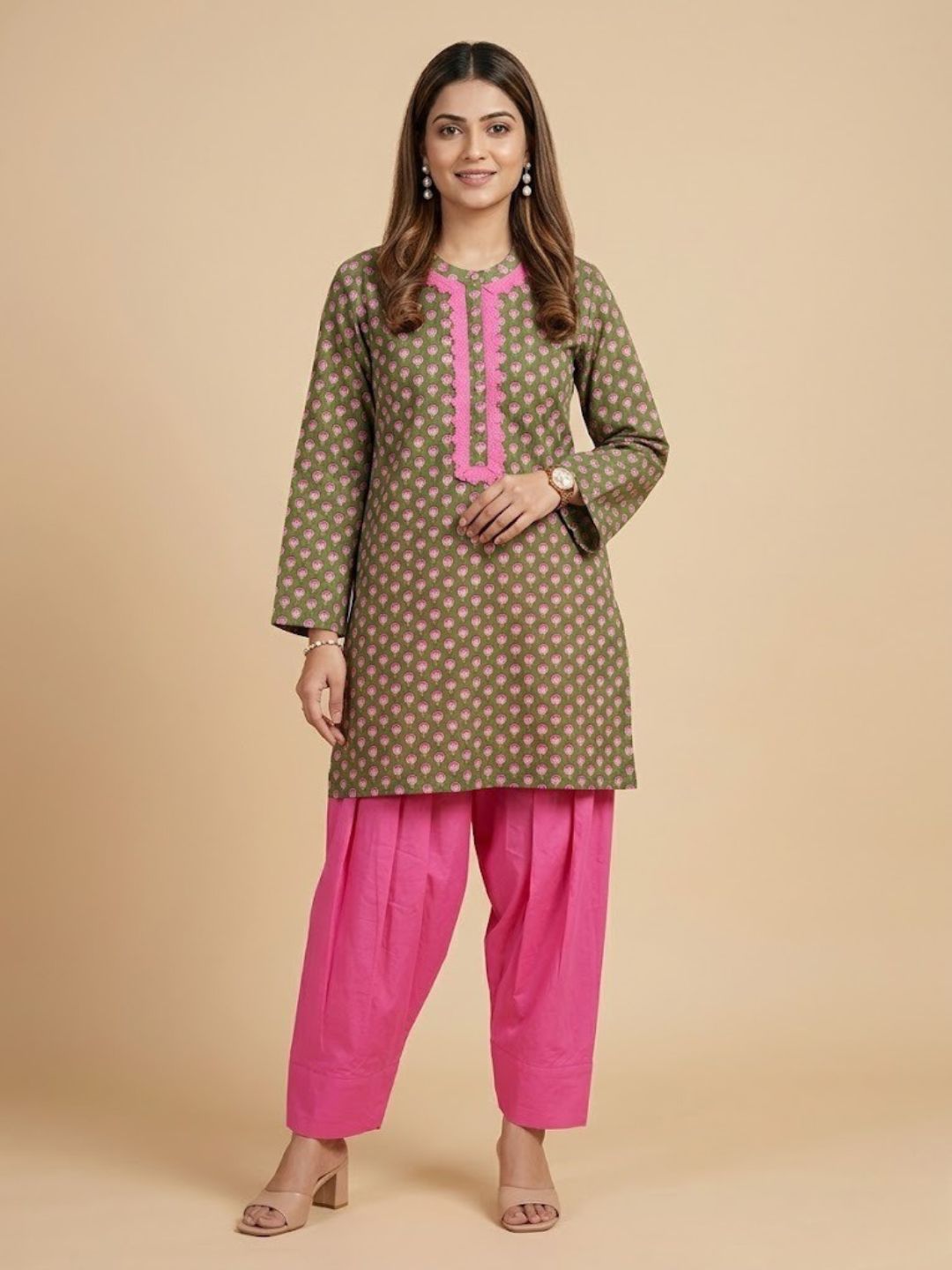 Pspeaches Women Cotton Full Sleeves Round Neck Floral Print Kurta With Pant 2 Piece Set - Green & Pink