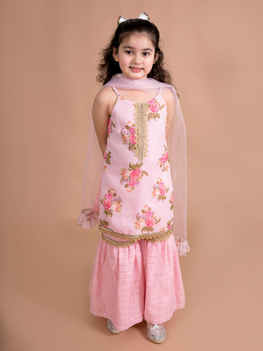 Pspeaches Girls Pink Floral Printed Kurti With Sharara With Dupatta (SHA-PINK GGT)