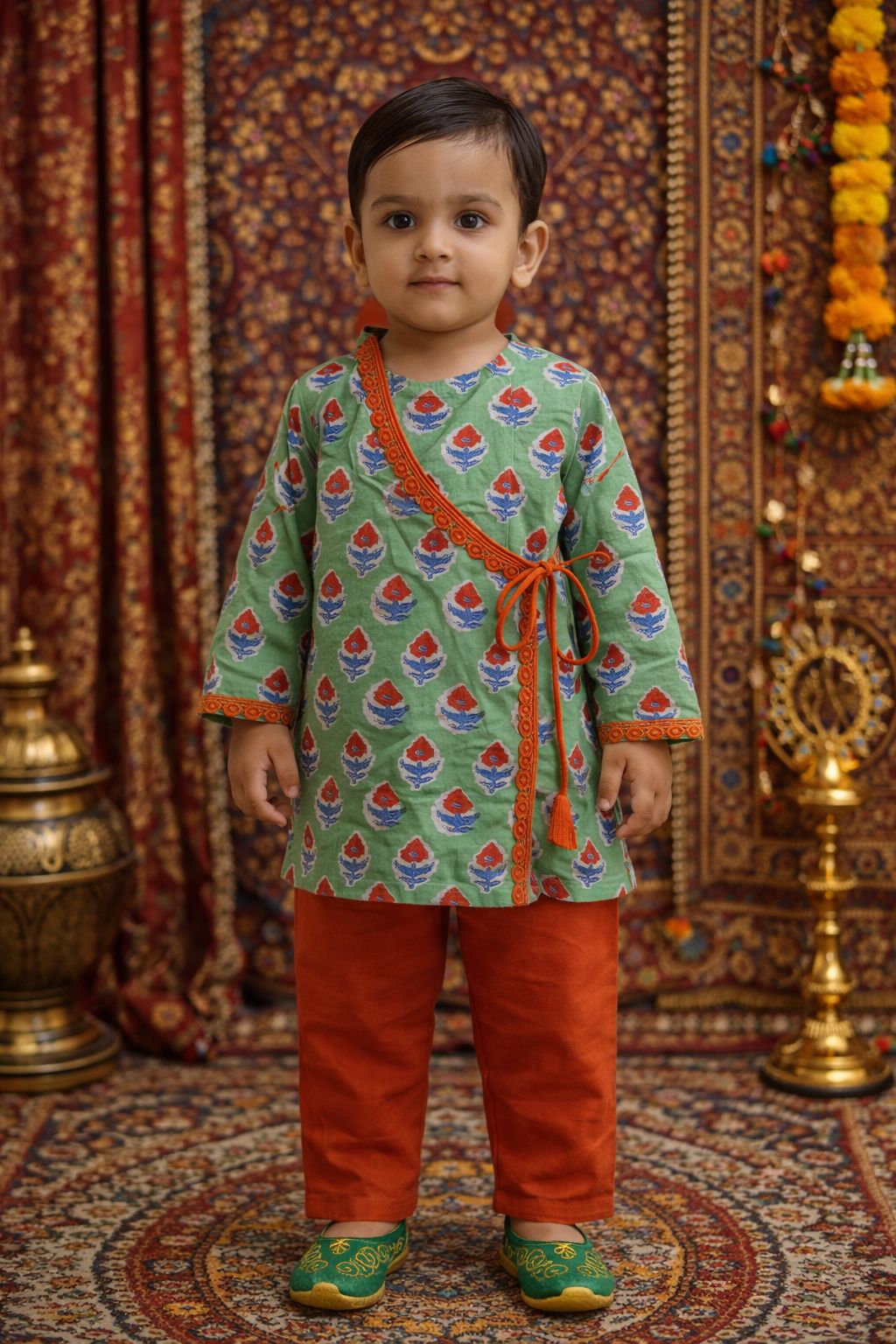 Pspeaches Baby Boys Green & Orange Ethnic Booti Print Cotton Angrakha Kurta With Pyjama Set ( Sku-Inb-Greenred )