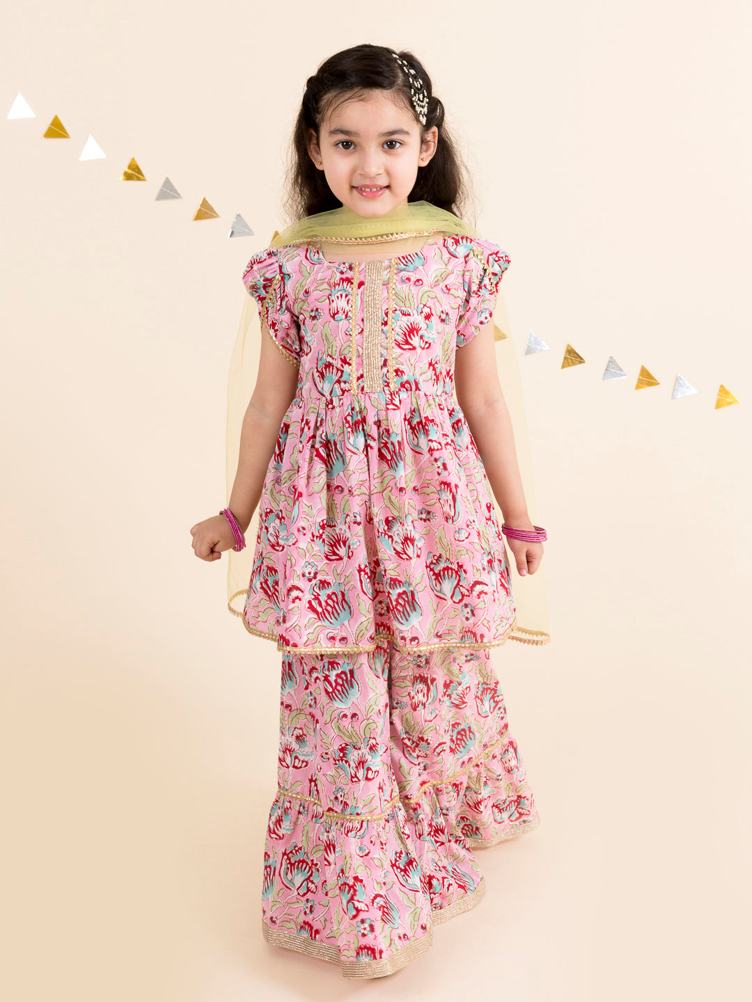 Girls Floral Printed Gotta Patti Pure Cotton Kurti with Palazzos With Dupatta (Sha-Jaalpink)