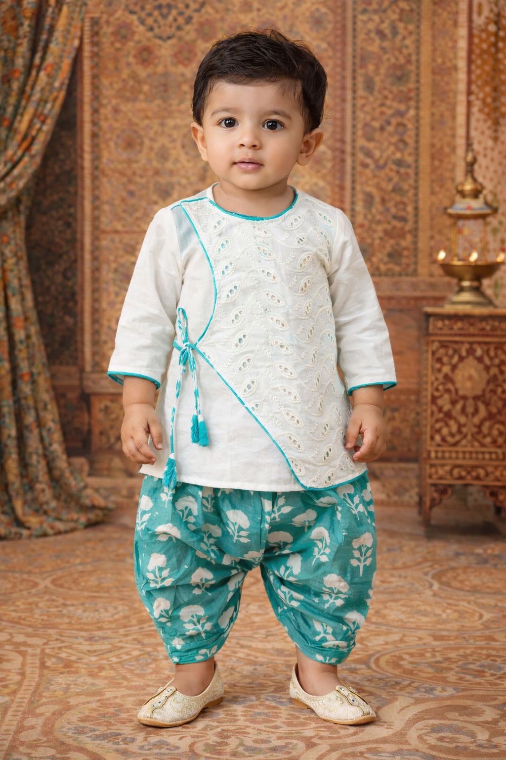 Pspeaches Baby Boys White & Turquoise Embroidered Cotton Angrakha Kurta With Dhoti Pant ( Sku-Inb-Dhotiwhite )