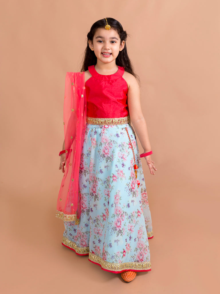 Ps Peaches Girls Red Blue Floral Lehenga Choli Set (L-BLUE GGT FLORAL)