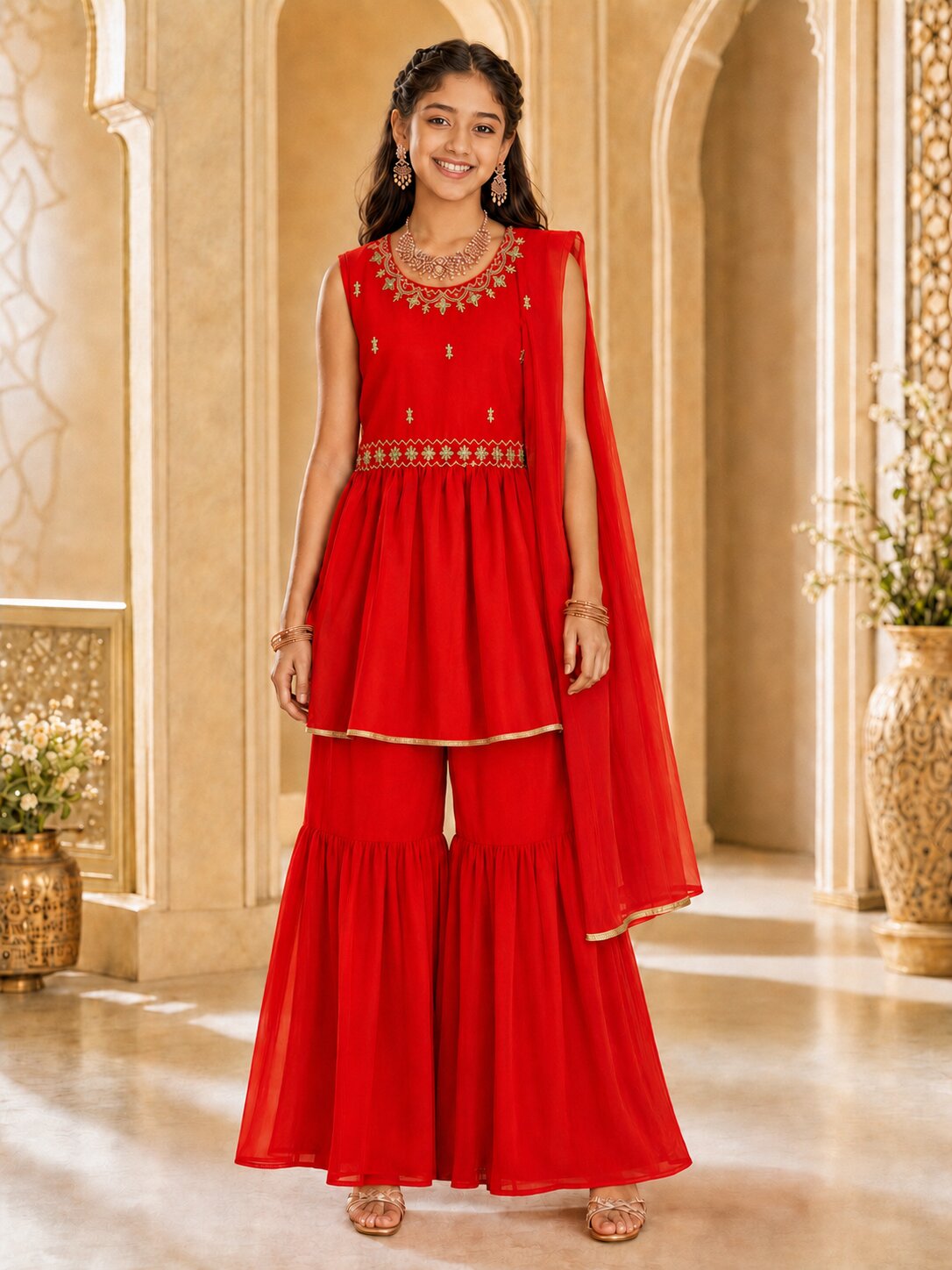 Pspeaches Girls Georgette Sleeveless Round Neck Embroidered Red Kurti & Sharara With Dupatta 3 Piece Set