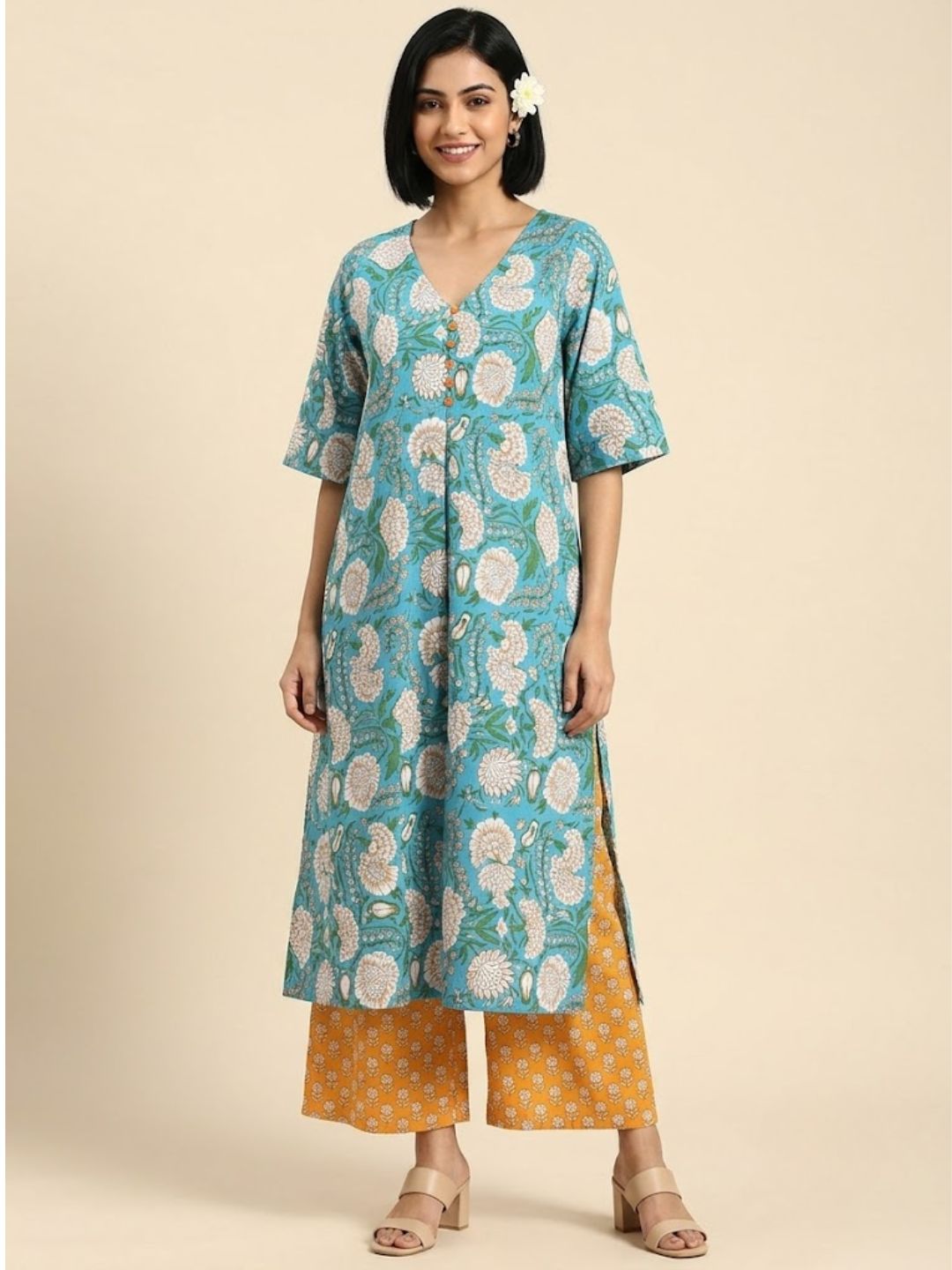 Pspeaches Women Cotton Half Sleeves V-Neck Floral Print Kurta With Pant 2 Piece Set - Blue & Orange