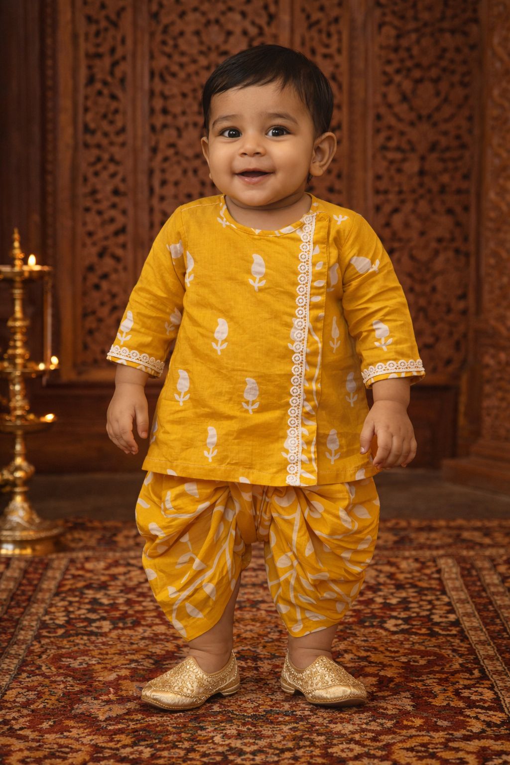 Pspeaches Baby Boys Mustard Booti Print Cotton Straight Fit Kurta With Dhoti Pant ( Sku-Inb-Dhotiyellow )