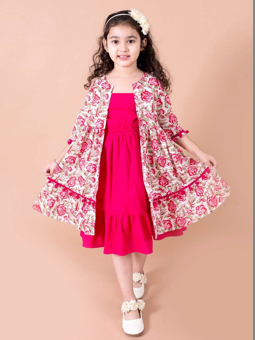 Pspeaches Magenta White Floral A-Line Cotton Dress With Attached Shrug (IW-FLORAL CAPE)