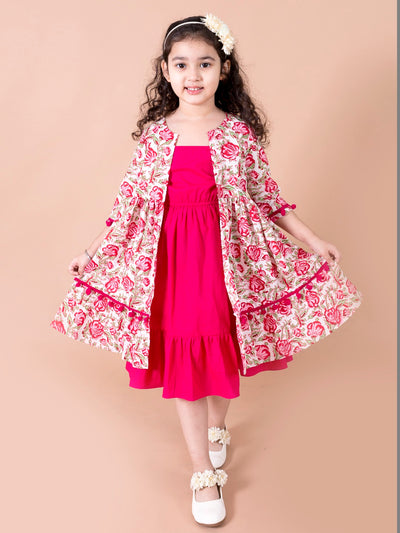 Pspeaches Magenta White Floral A-Line Cotton Dress With Attached Shrug (IW-FLORAL CAPE)