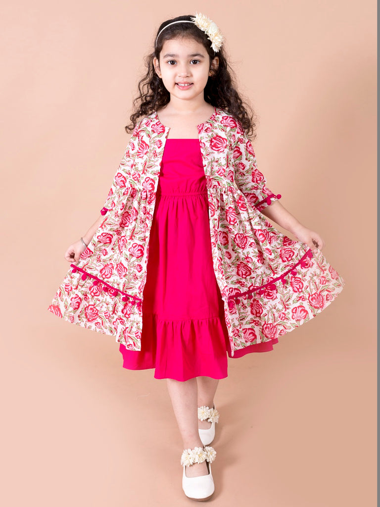 Buy White Floral A-Line Cotton Dress With Attached Shrug Buy White Floral A-Line Cotton Dress With Attached Shrug