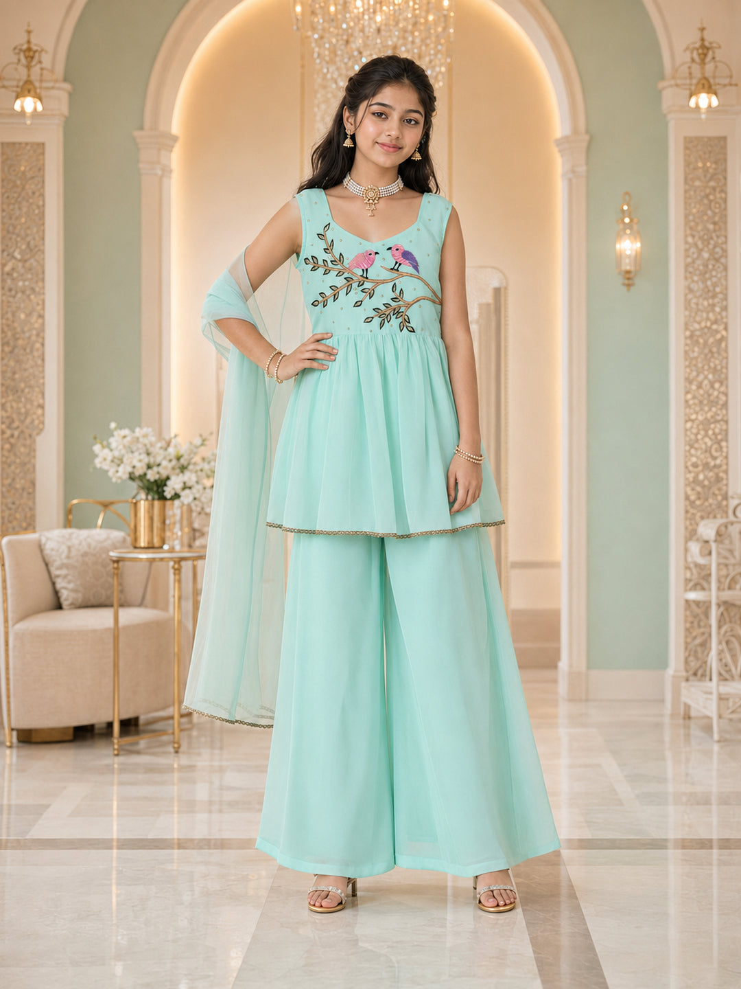 Pspeaches Girls Georgette Sleeveless Square Neck Embroidered Green Kurti & Palazzo With Dupatta 3 Piece Set