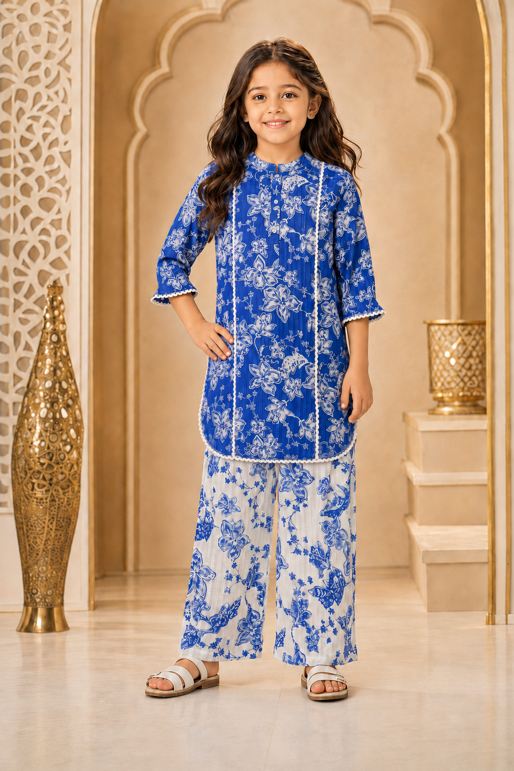 Girls Floral Printed Straight Fit Kurta With Pant (KS-FLORALBLUE)