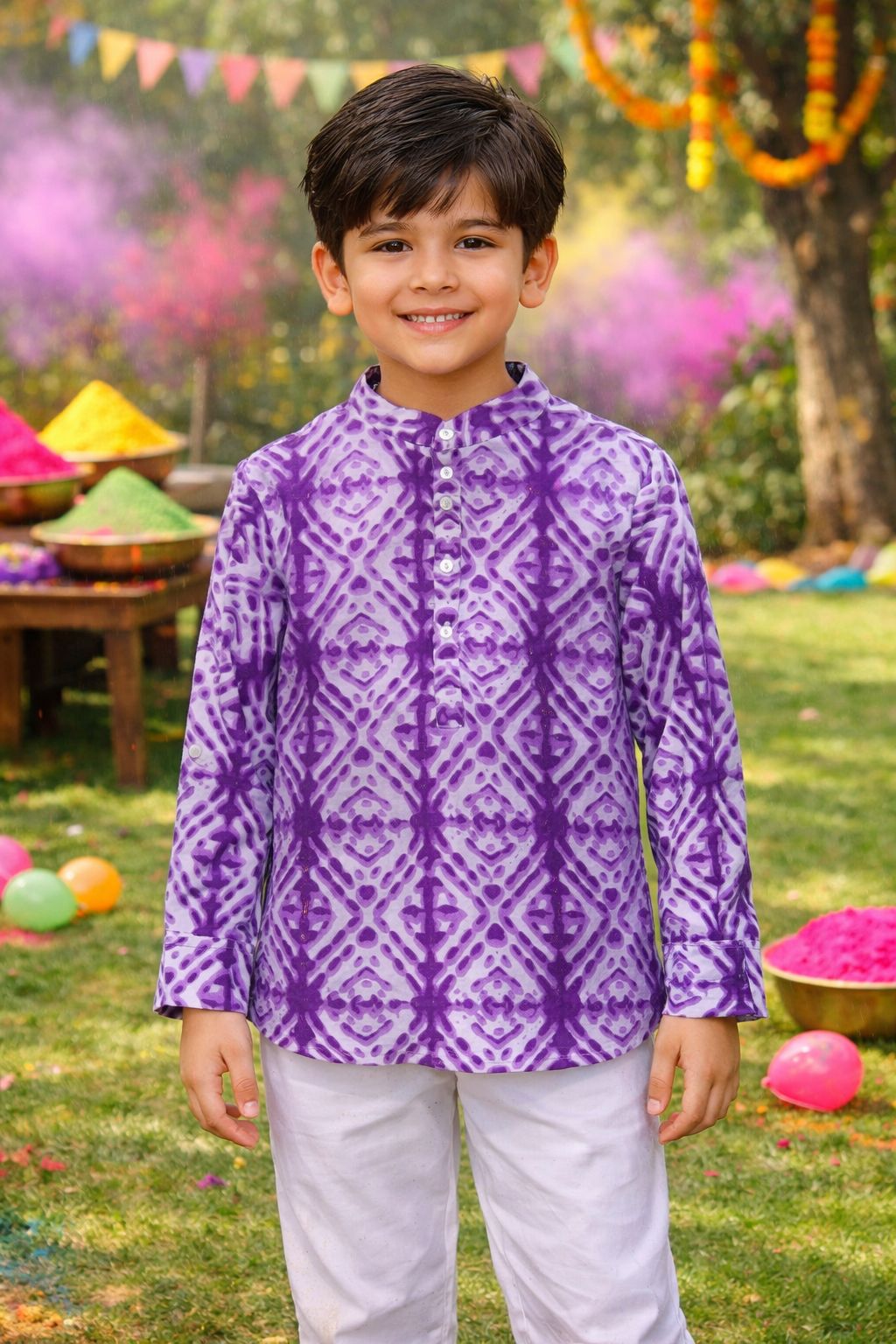 Pspeaches Boys Purple & White Ethnic shibori  Straight Fit Cotton Kurta Shirt ( Sku-Shkp-Purpleshibori )