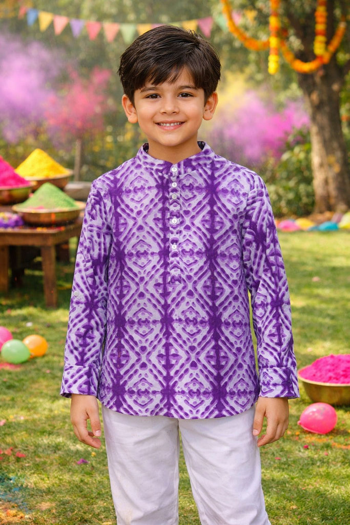 Pspeaches Boys Purple & White Ethnic shibori  Straight Fit Cotton Kurta Shirt ( Sku-Shkp-Purpleshibori )
