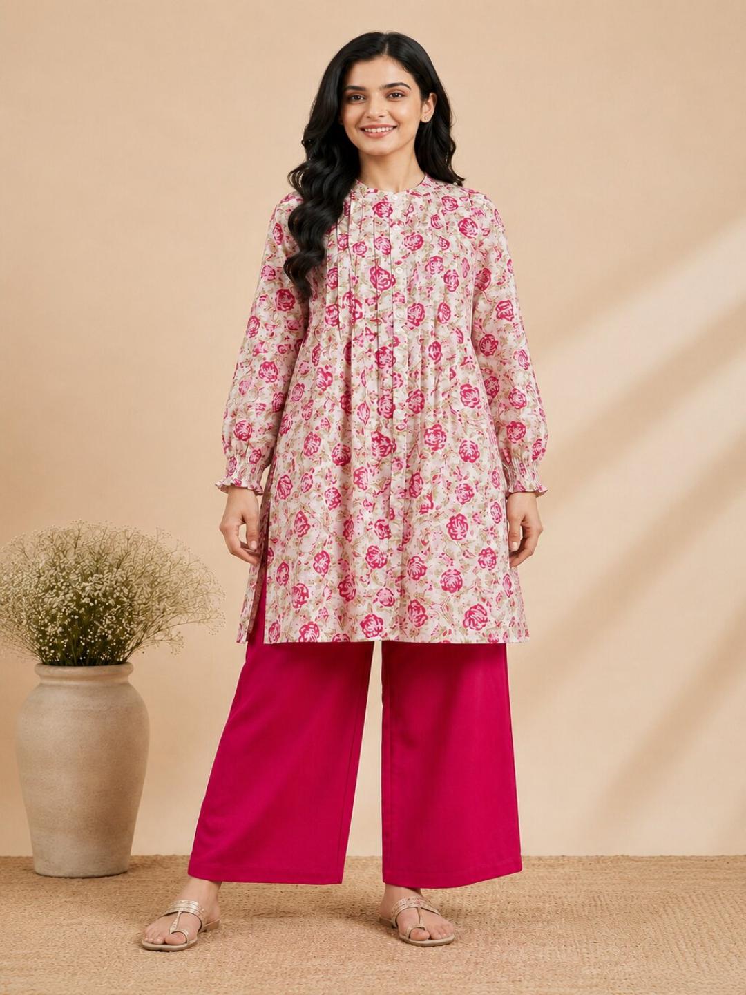 Pspeaches Women Cotton Full Sleeves Mandarin Collar Floral Print Kurta With Pant 2 Piece Set - White & Magenta