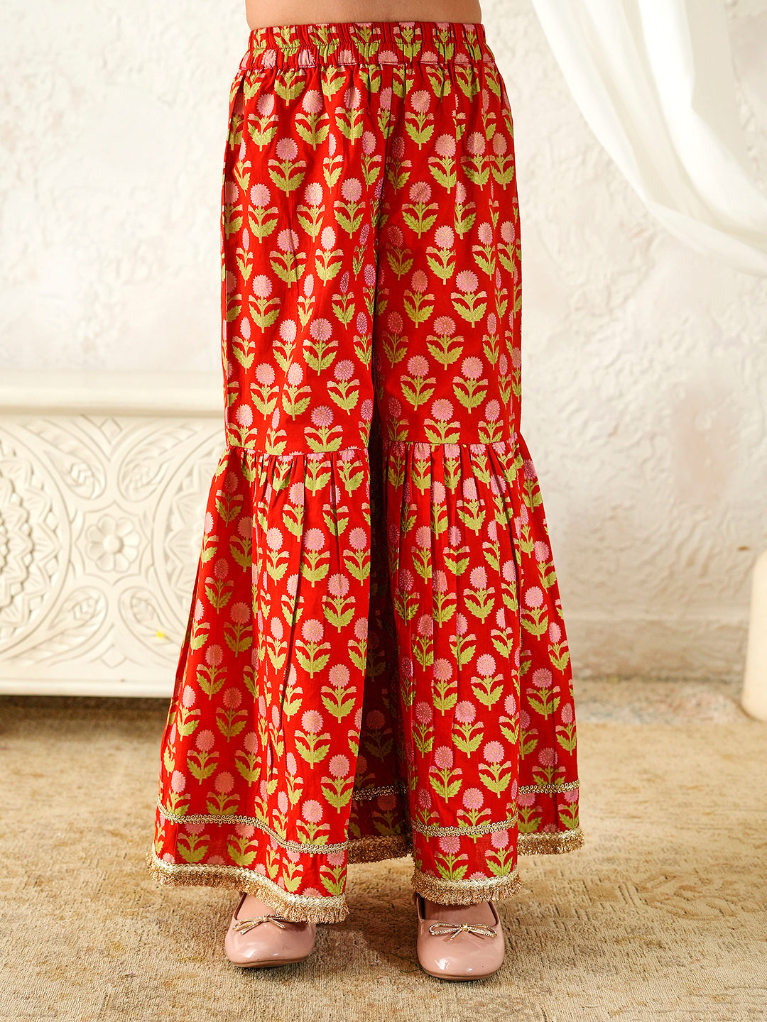 Pspeaches Girls Red Ethnic Booti Print Cotton A-Line Kurta & Sharara With Dupatta ( Sku-Sha-Redbooti )