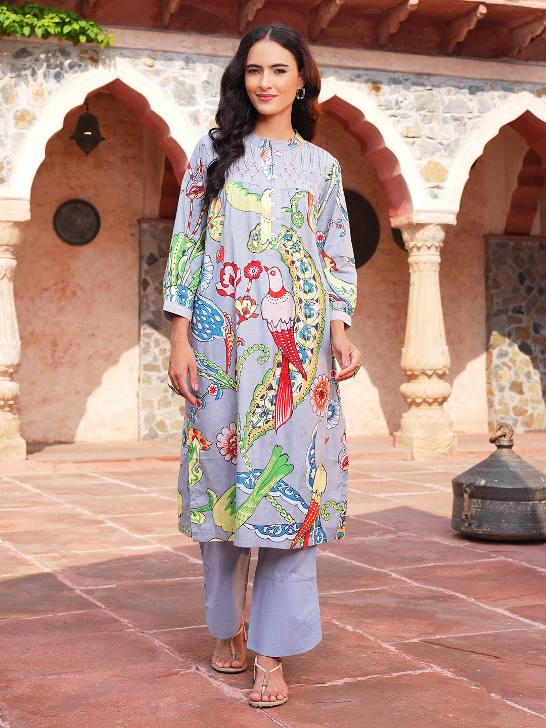 Grey Jungle Pintuck Cotton Kurta Set
