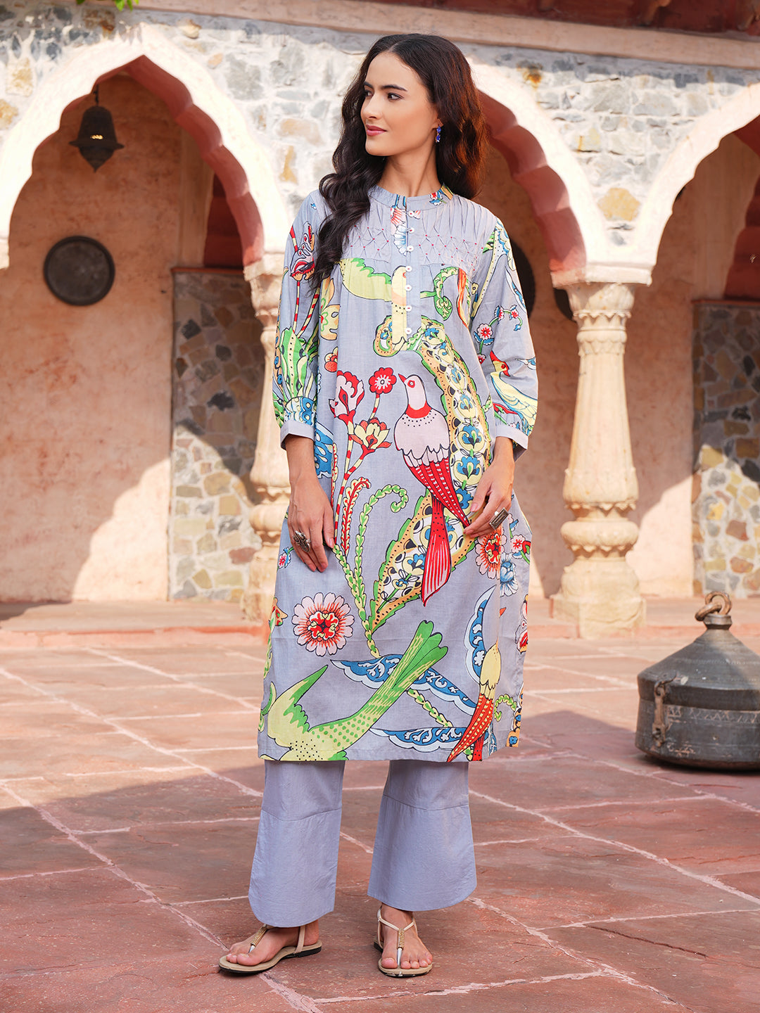 Grey Jungle Pintuck Cotton Kurta Set