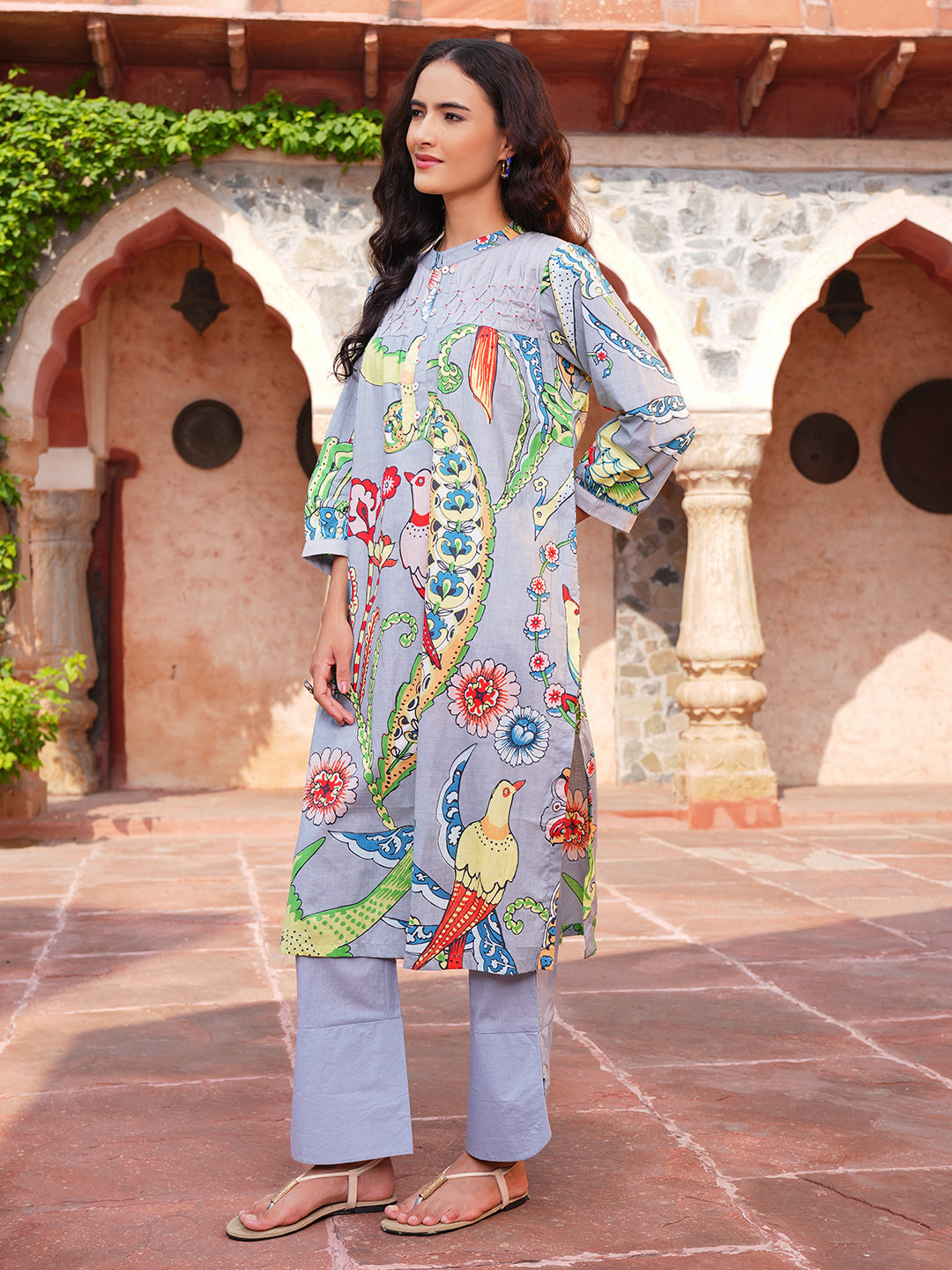 Grey Jungle Pintuck Cotton Kurta Set