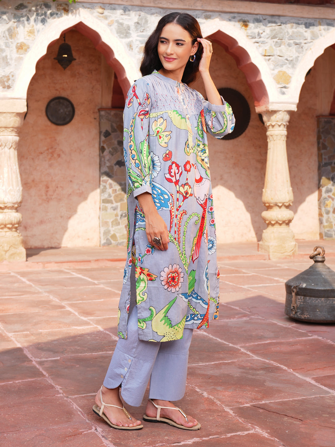 Grey Jungle Pintuck Cotton Kurta Set