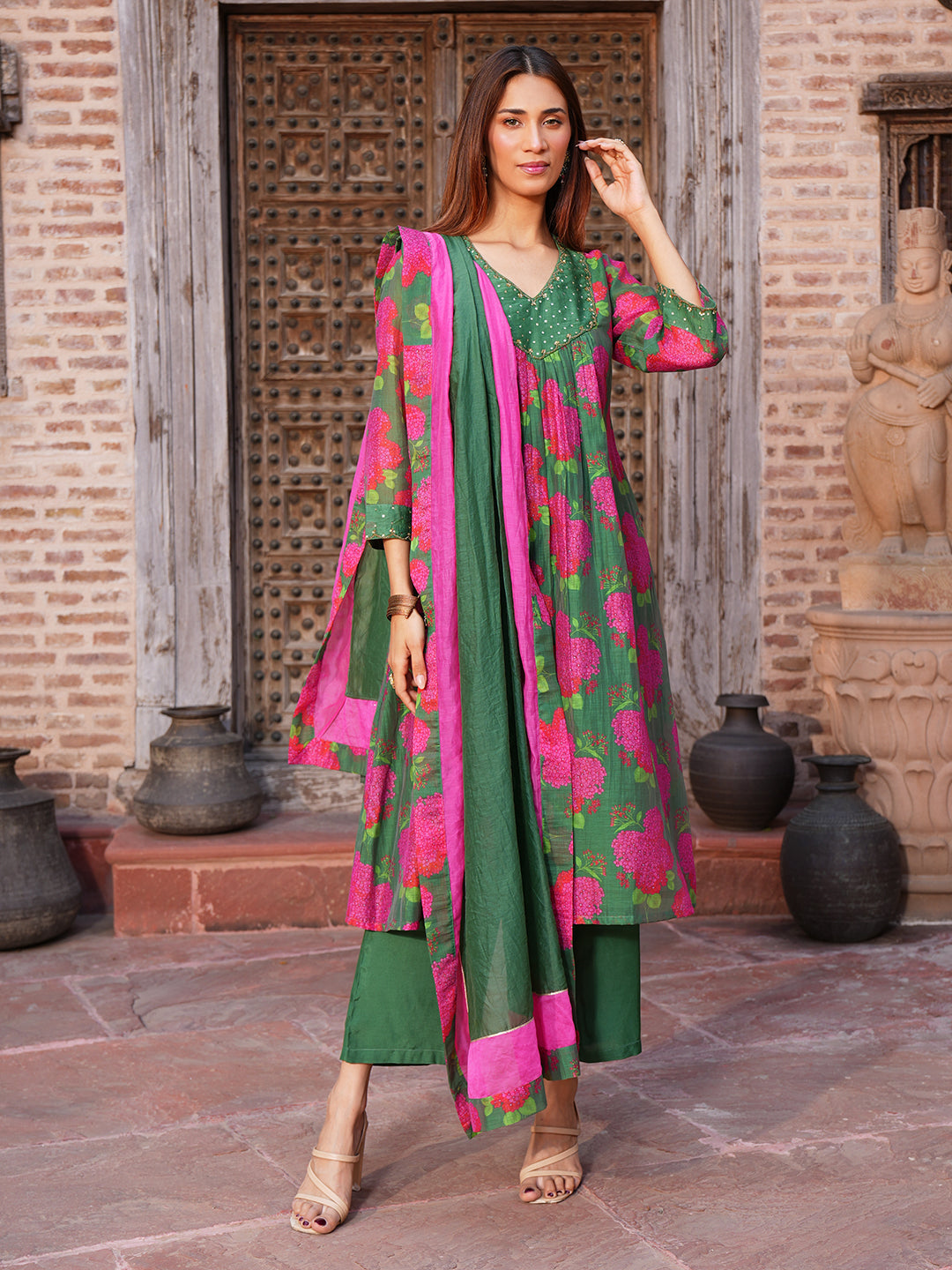 Women's Green Floral Printed Chanderi A-Line Kurta Set with Hand Embroidery and Dupatta