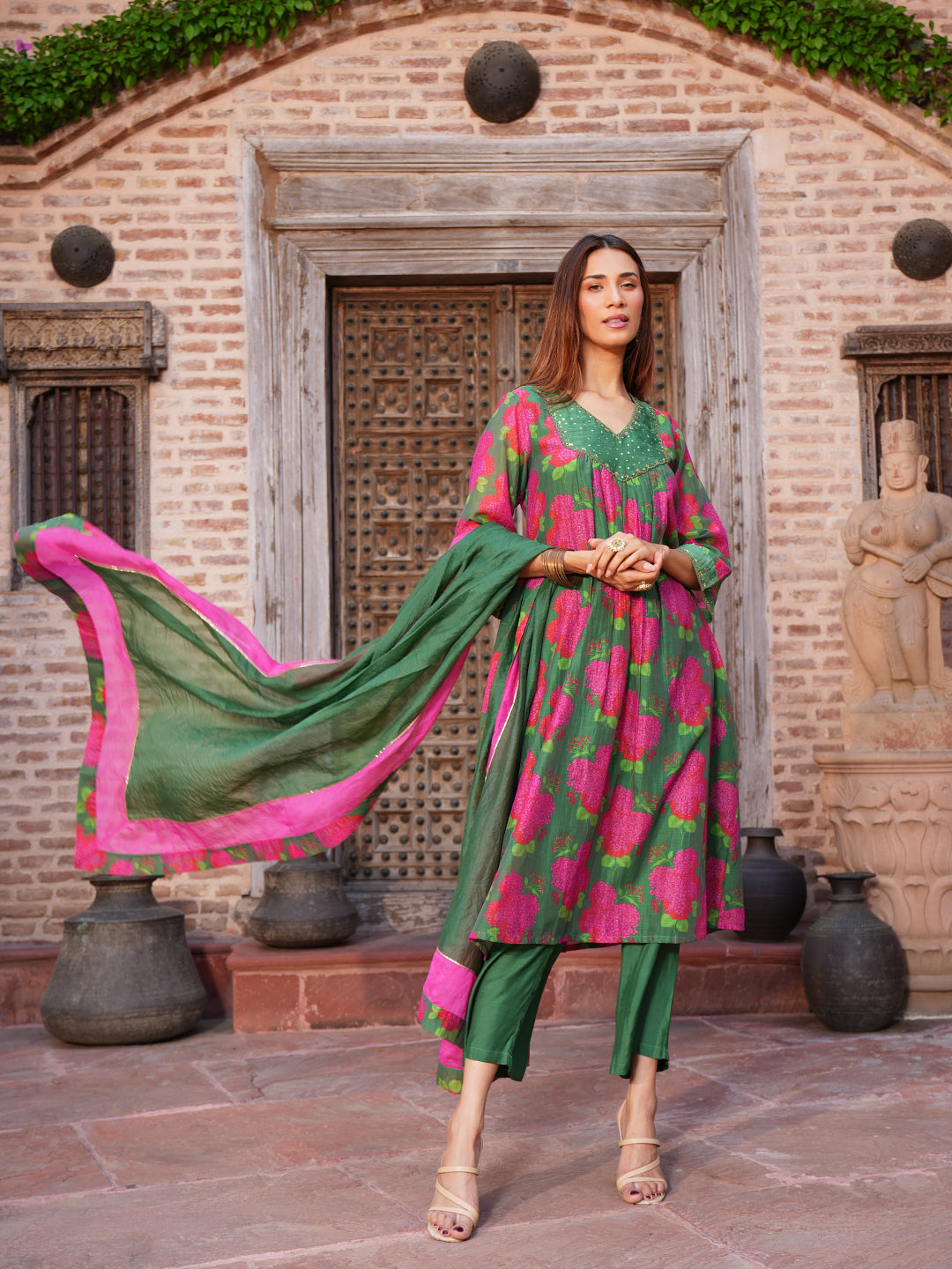 Women's Green Floral Printed Chanderi A-Line Kurta Set with Hand Embroidery and Dupatta