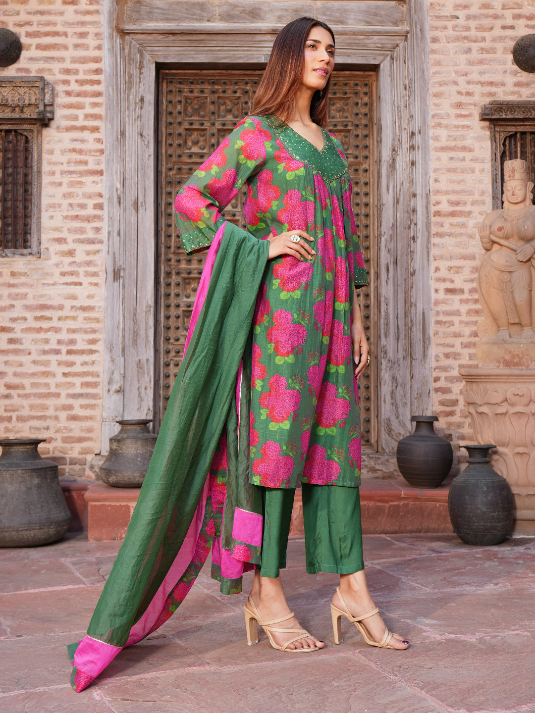 Women's Green Floral Printed Chanderi A-Line Kurta Set with Hand Embroidery and Dupatta