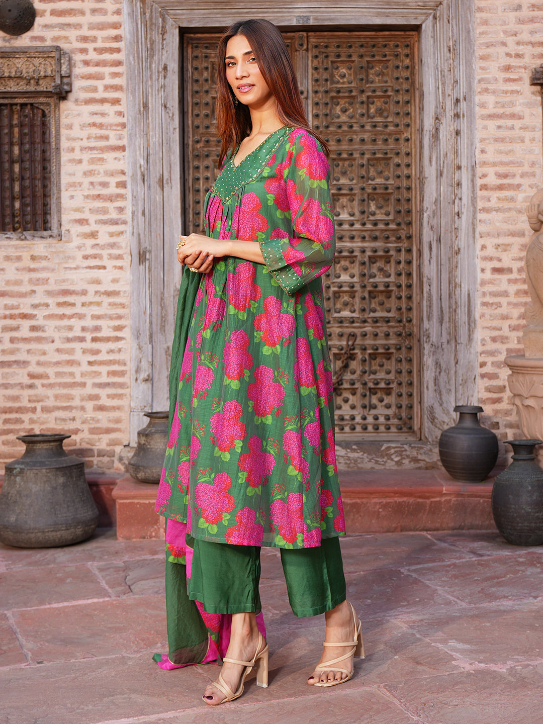 Women's Green Floral Printed Chanderi A-Line Kurta Set with Hand Embroidery and Dupatta
