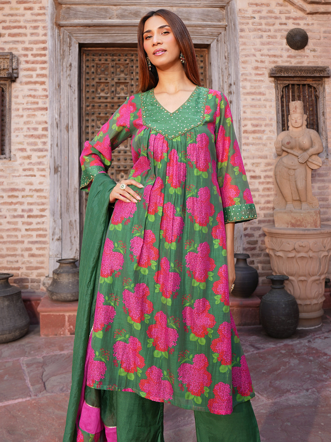 Women's Green Floral Printed Chanderi A-Line Kurta Set with Hand Embroidery and Dupatta