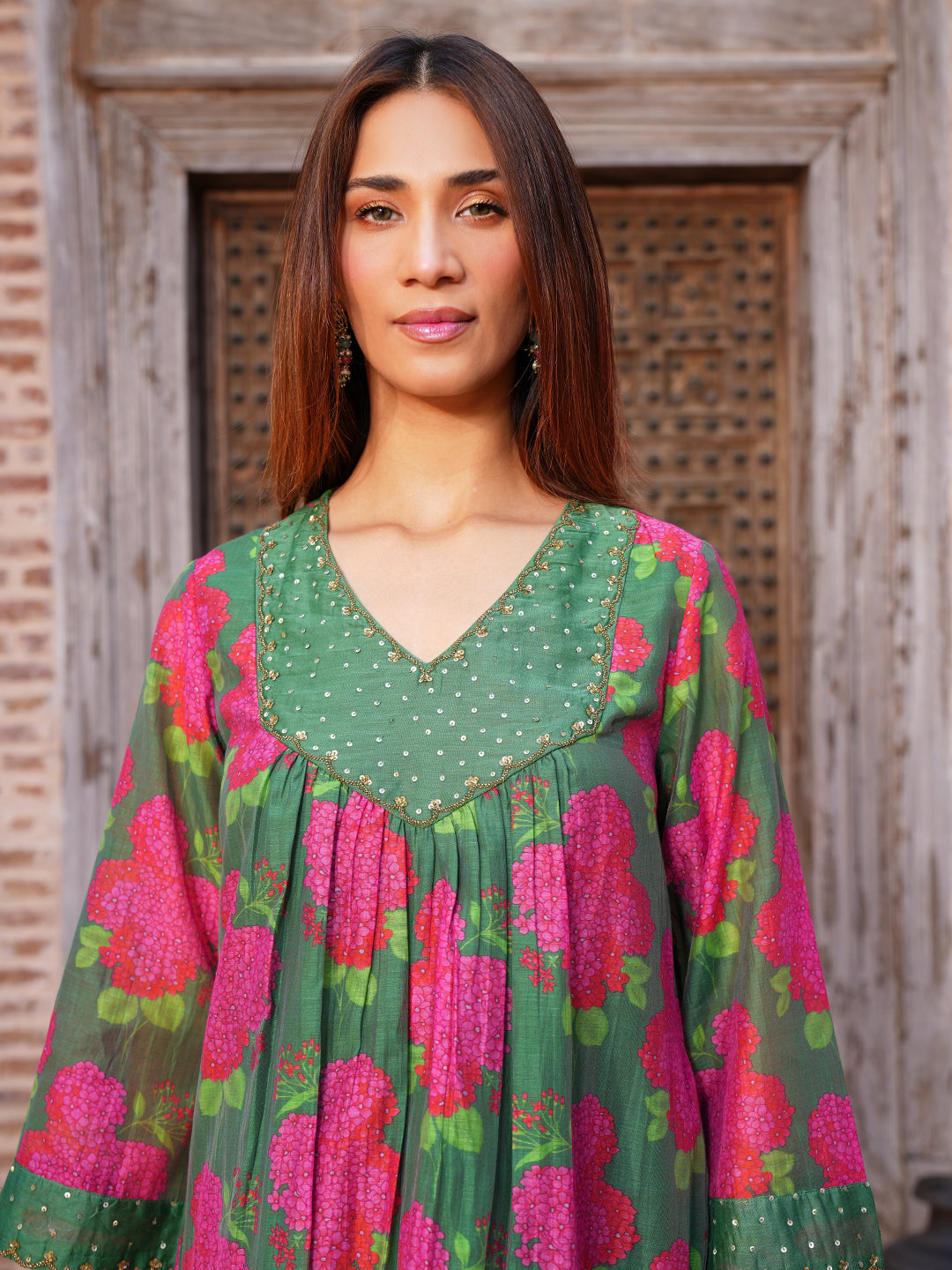 Women's Green Floral Printed Chanderi A-Line Kurta Set with Hand Embroidery and Dupatta