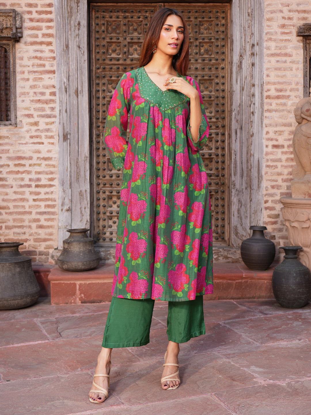 Women's Green Floral Printed Chanderi A-Line Kurta Set with Hand Embroidery and Dupatta