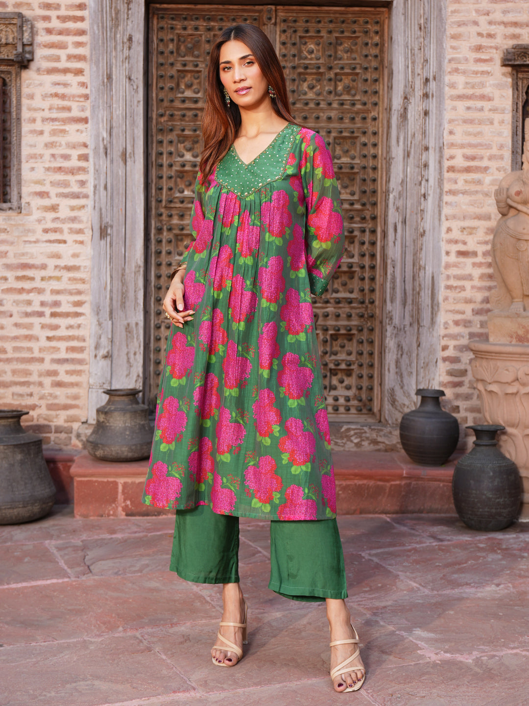 Women's Green Floral Printed Chanderi A-Line Kurta Set with Hand Embroidery and Dupatta