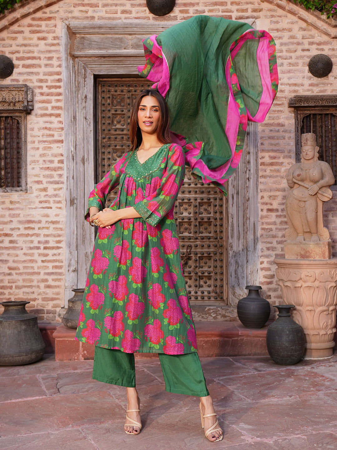 Women's Green Floral Printed Chanderi A-Line Kurta Set with Hand Embroidery and Dupatta