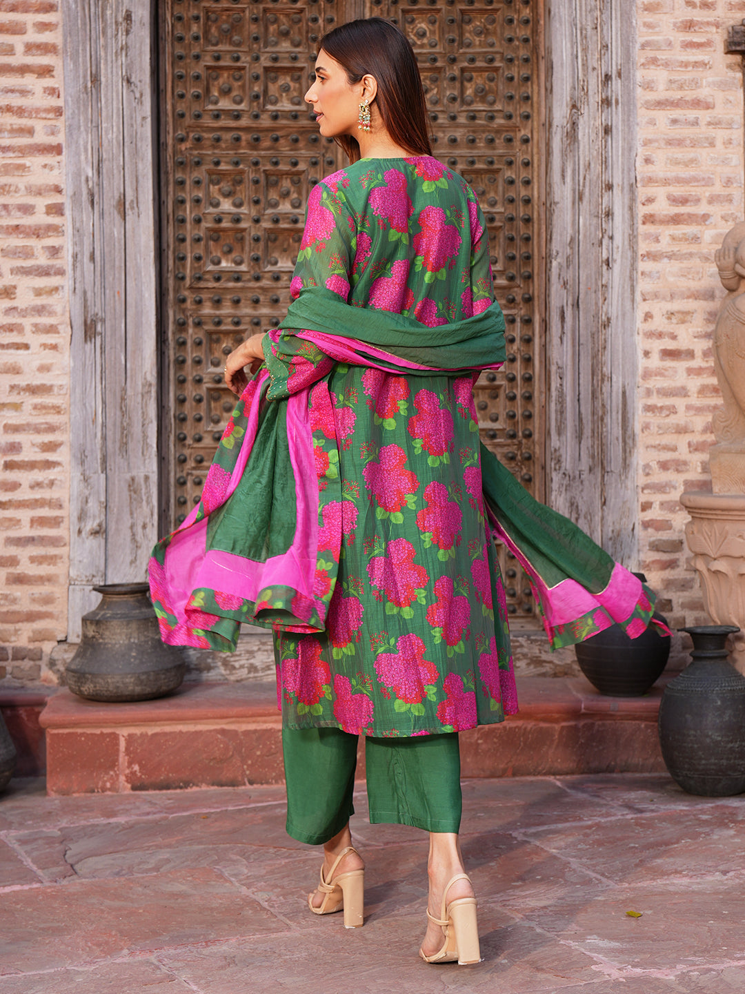 Women's Green Floral Printed Chanderi A-Line Kurta Set with Hand Embroidery and Dupatta
