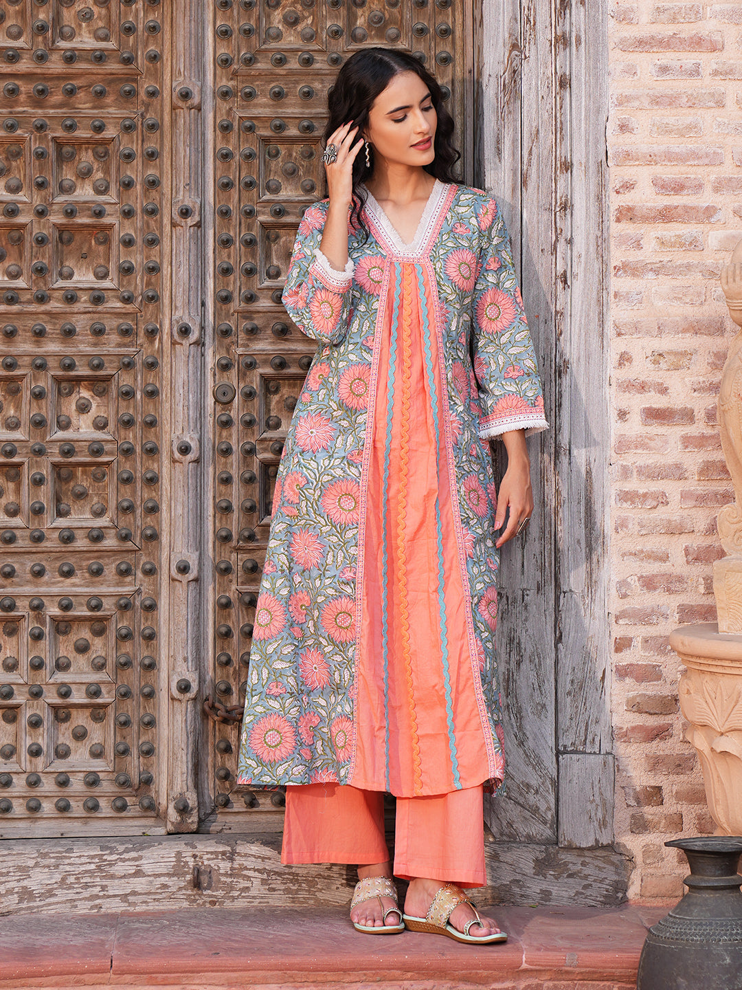 Teal Peach Lace Trim Cotton Kurta Set