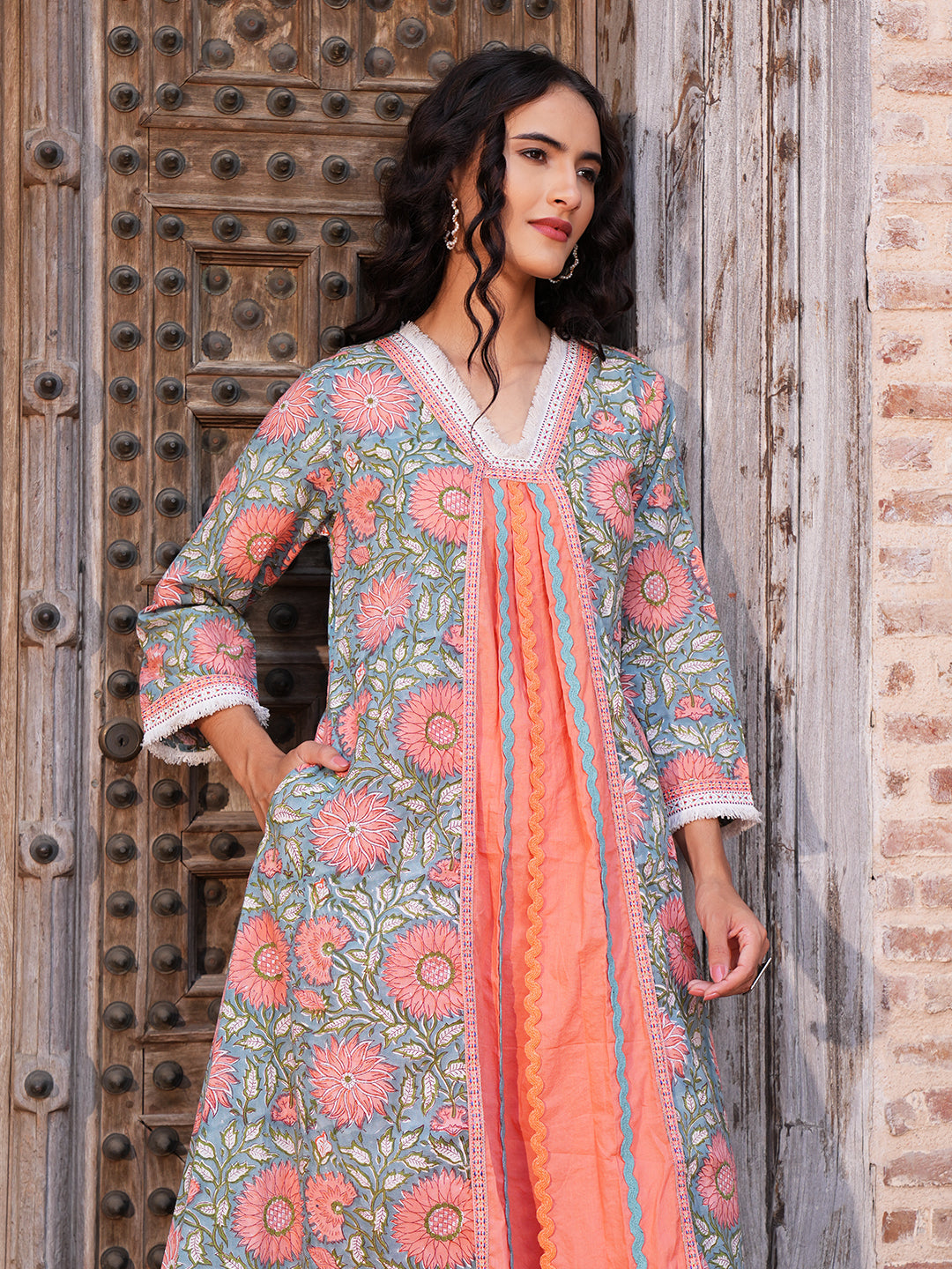 Teal Peach Lace Trim Cotton Kurta Set