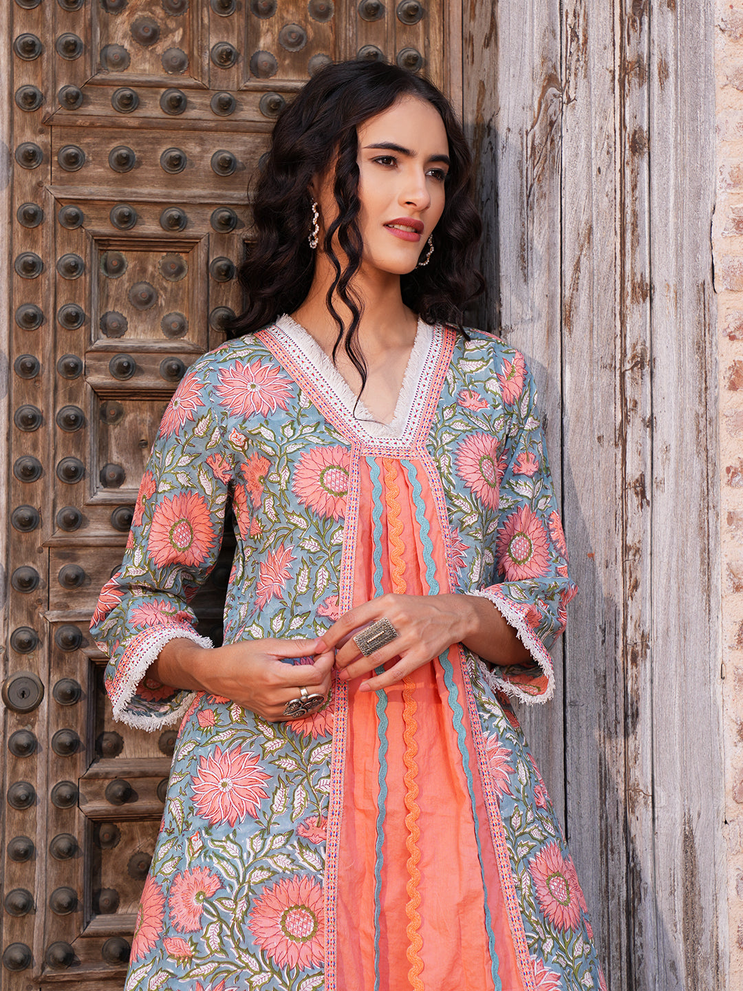 Teal Peach Lace Trim Cotton Kurta Set