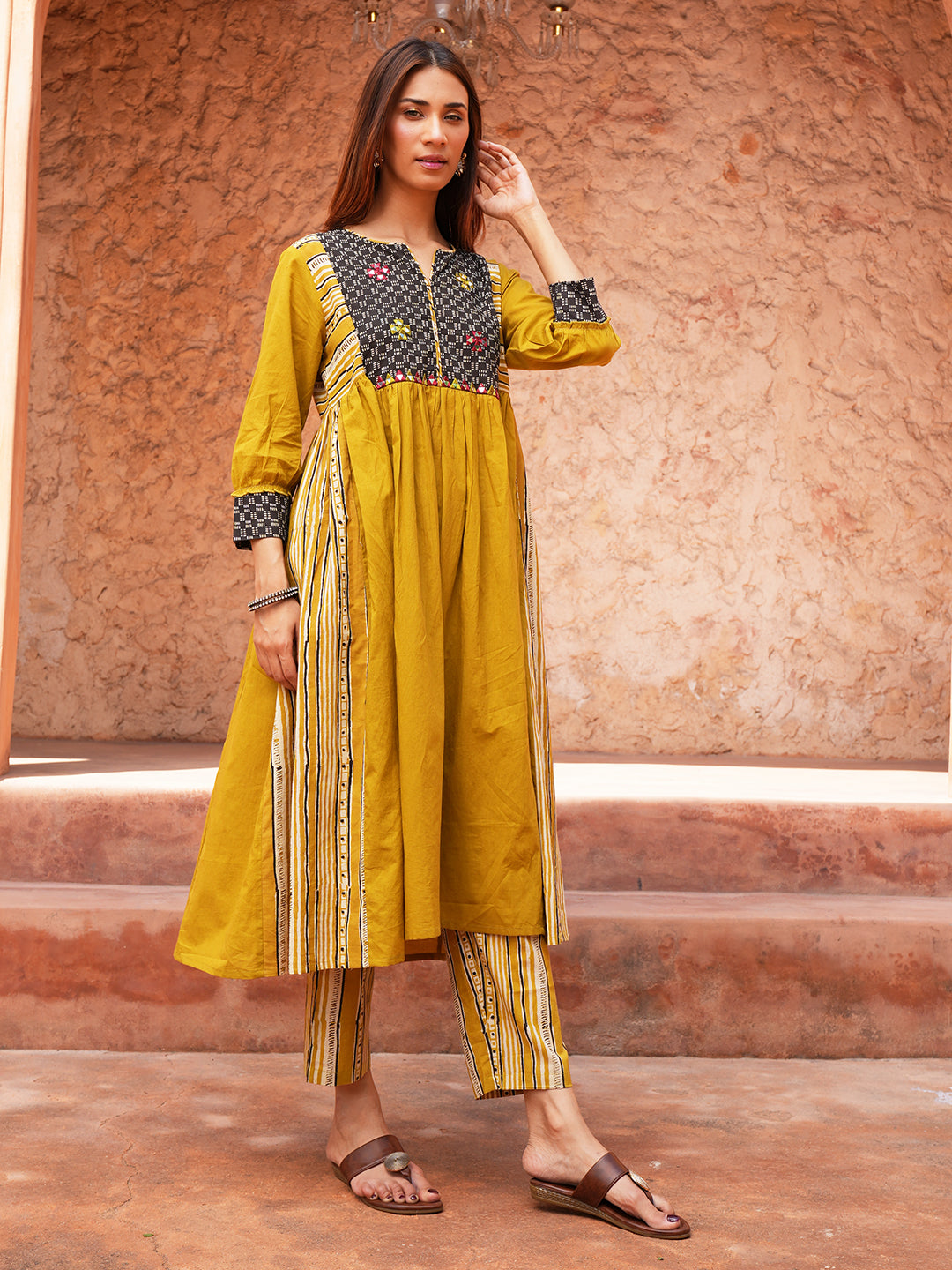 Mustard Green Embroidered Yoke Cotton Kurta Set
