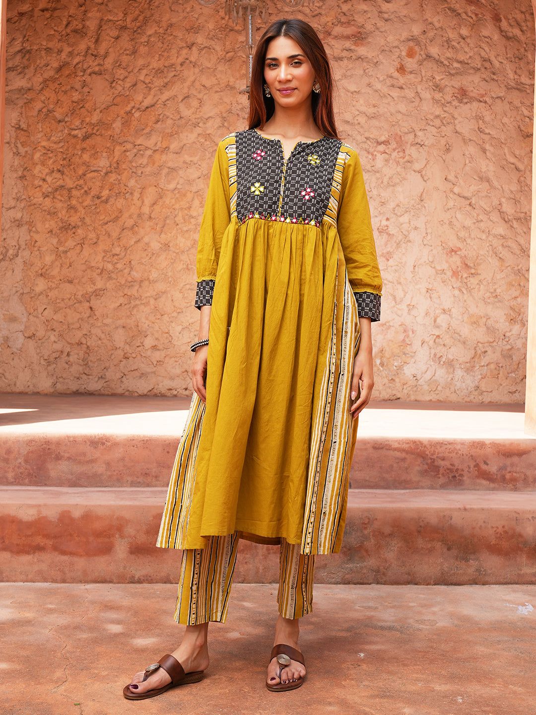 Mustard Green Embroidered Yoke Cotton Kurta Set