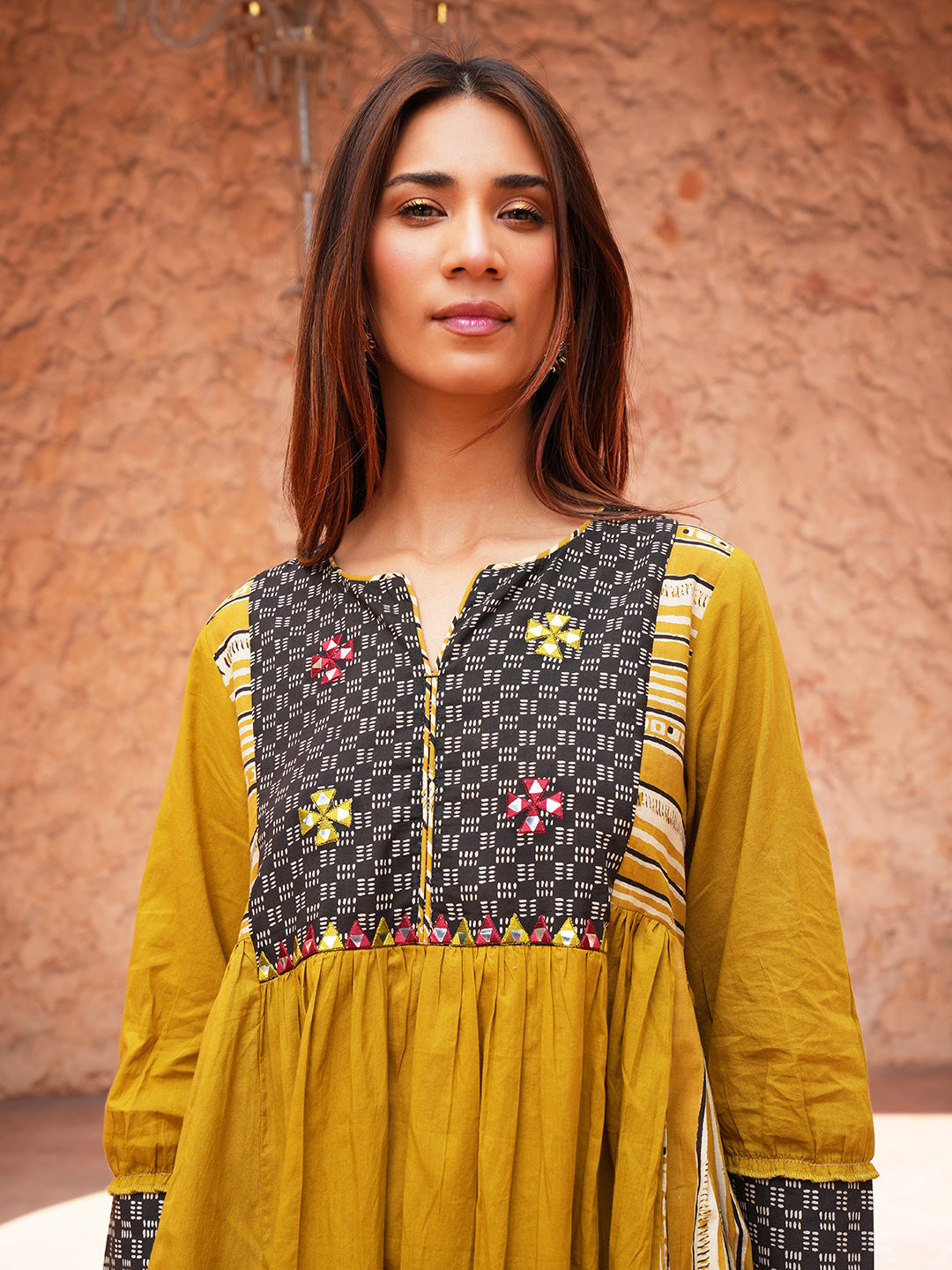 Mustard Green Embroidered Yoke Cotton Kurta Set