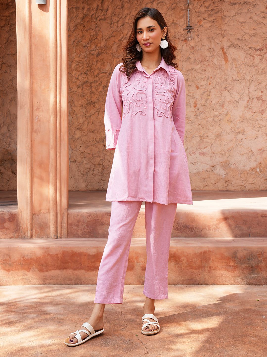 Pink Abstract Embroidered Cotton Co-ord Set