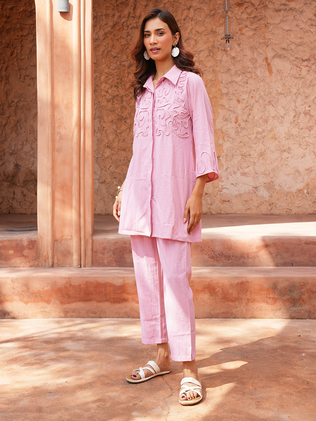 Pink Abstract Embroidered Cotton Co-ord Set