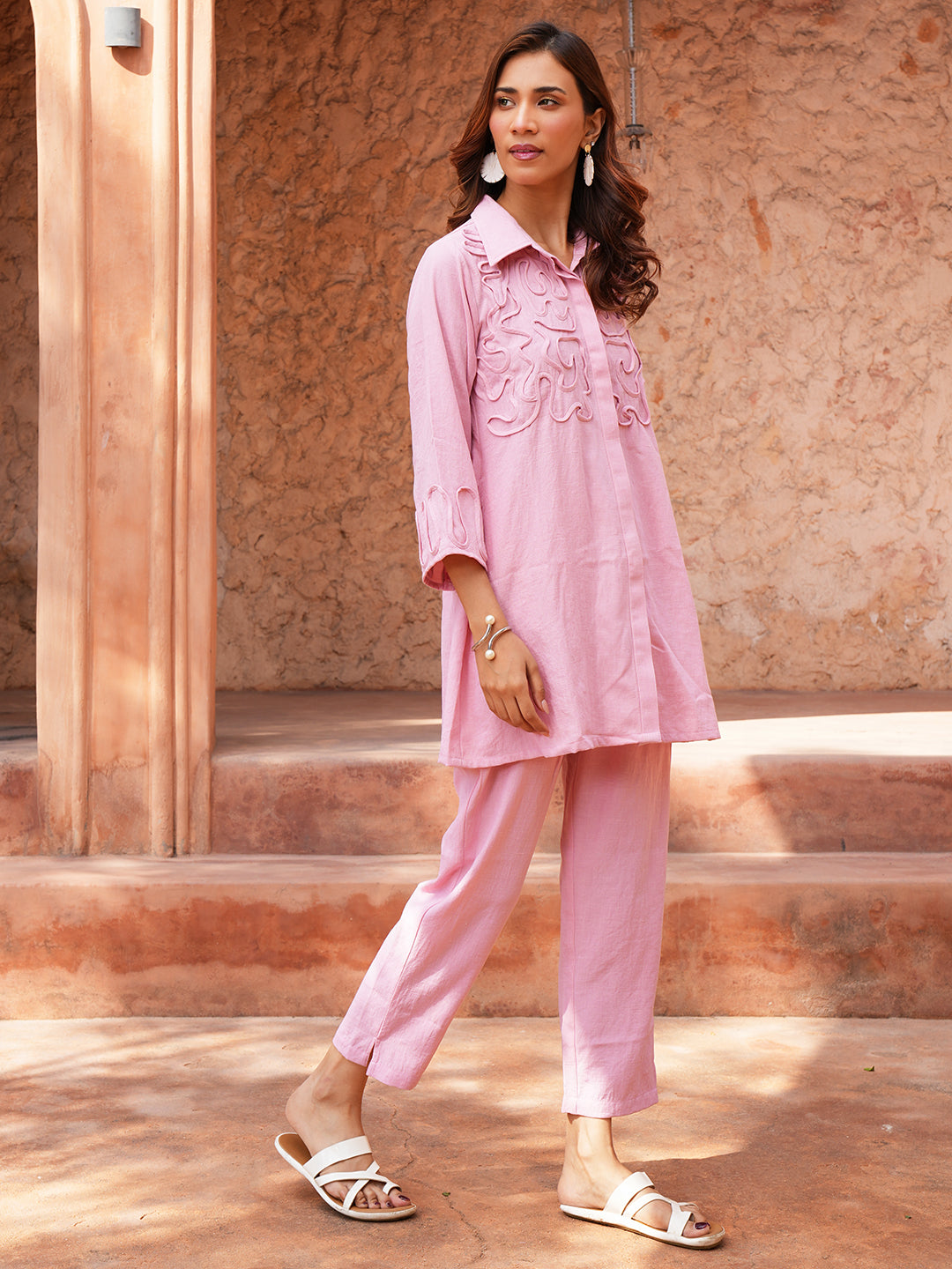 Pink Abstract Embroidered Cotton Co-ord Set