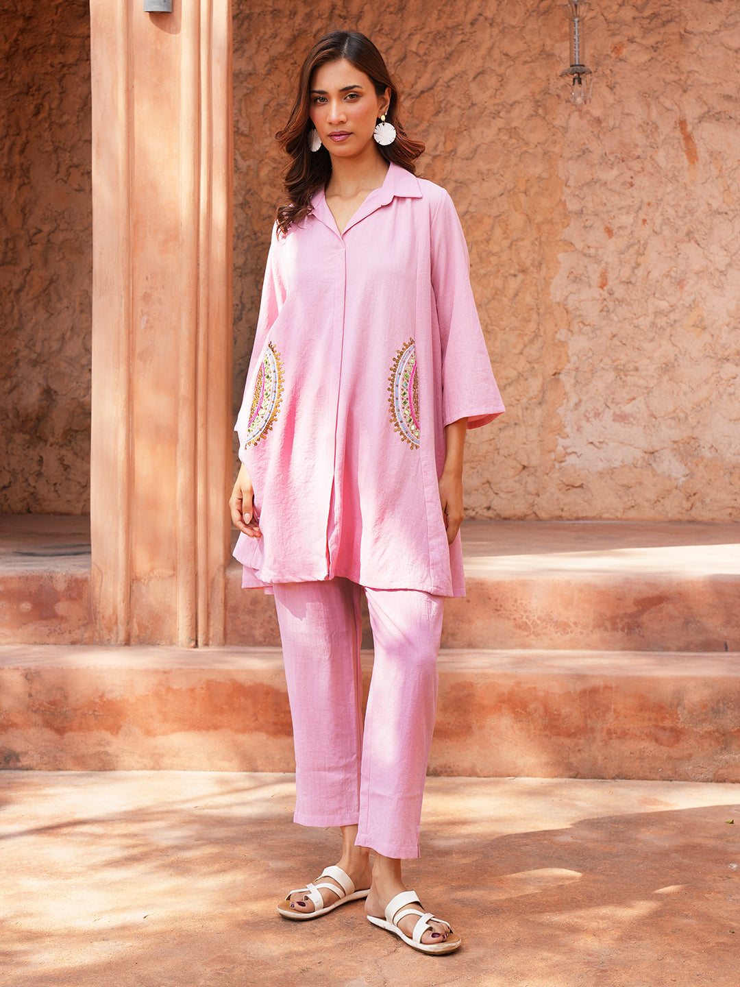 Pink Hand Embroidred Cotton Kurta Set