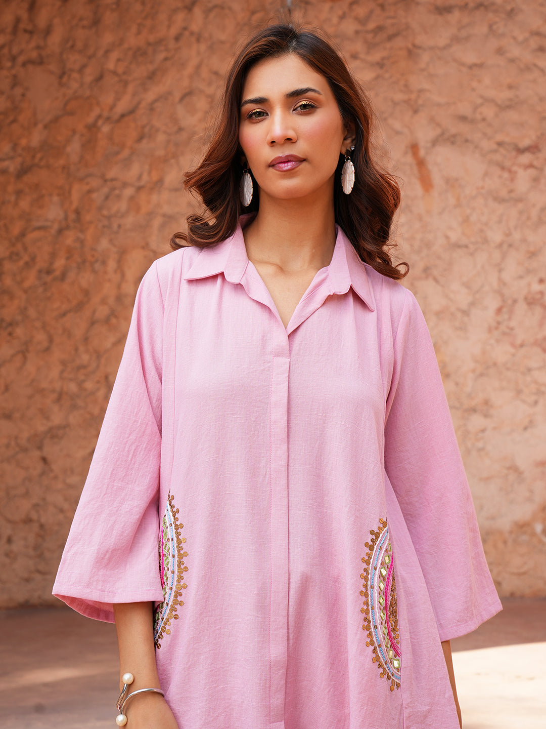 Pink Hand Embroidred Cotton Kurta Set