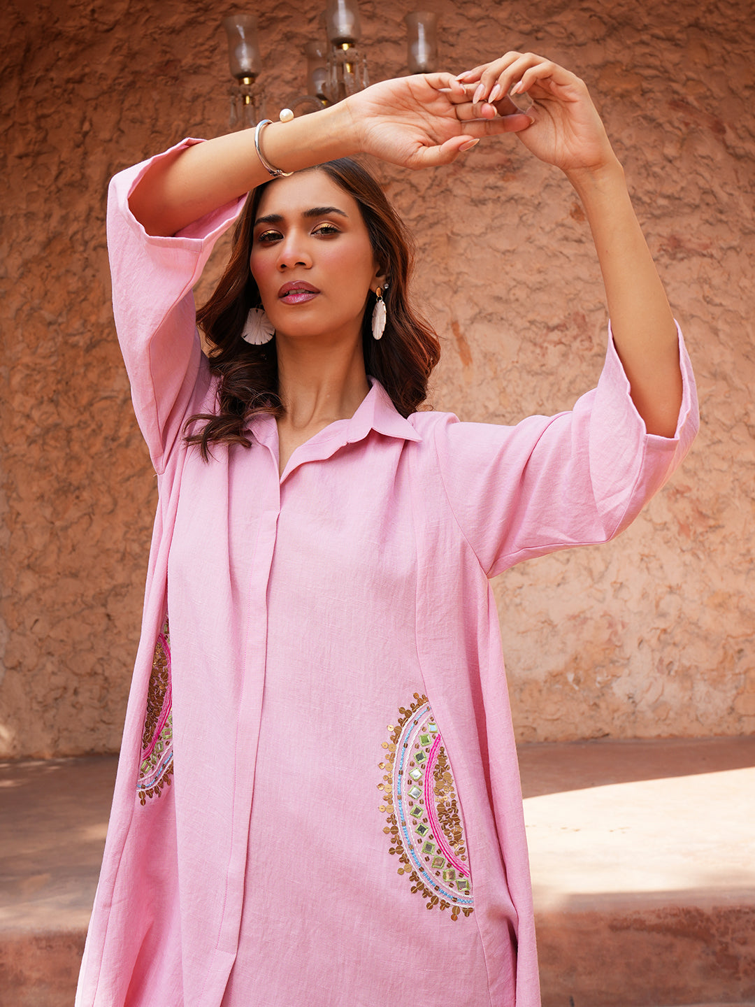 Pink Hand Embroidred Cotton Kurta Set
