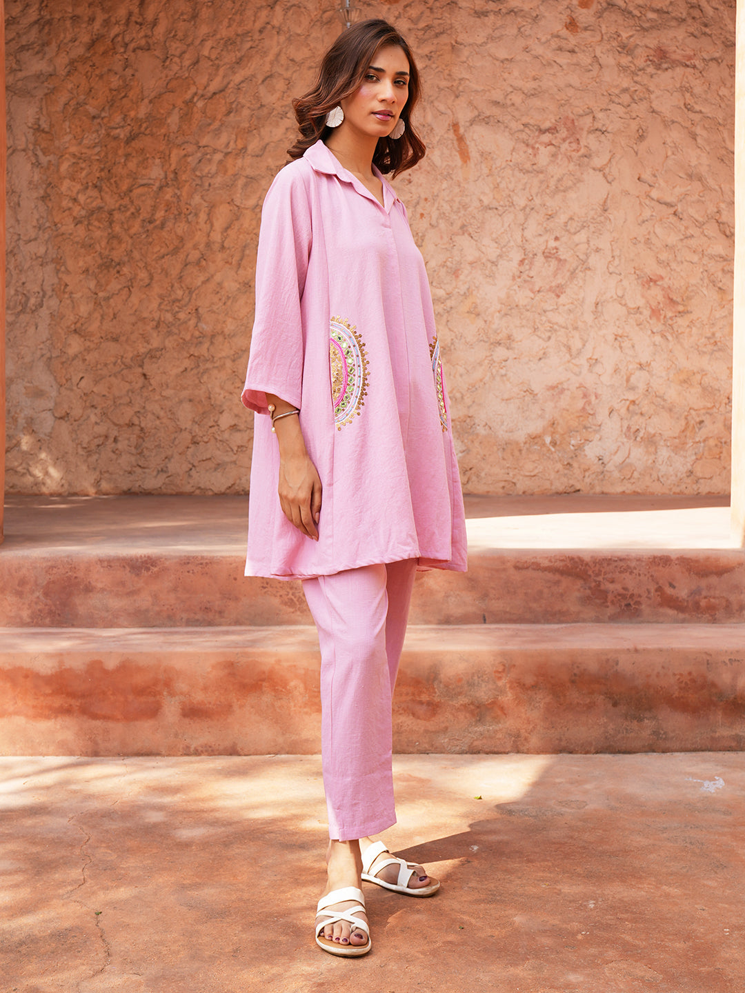 Pink Hand Embroidred Cotton Kurta Set